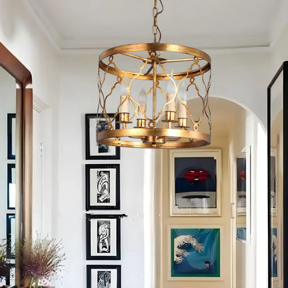Vintage Golden Drum Cage 4-Light Candelabra Chandelier
