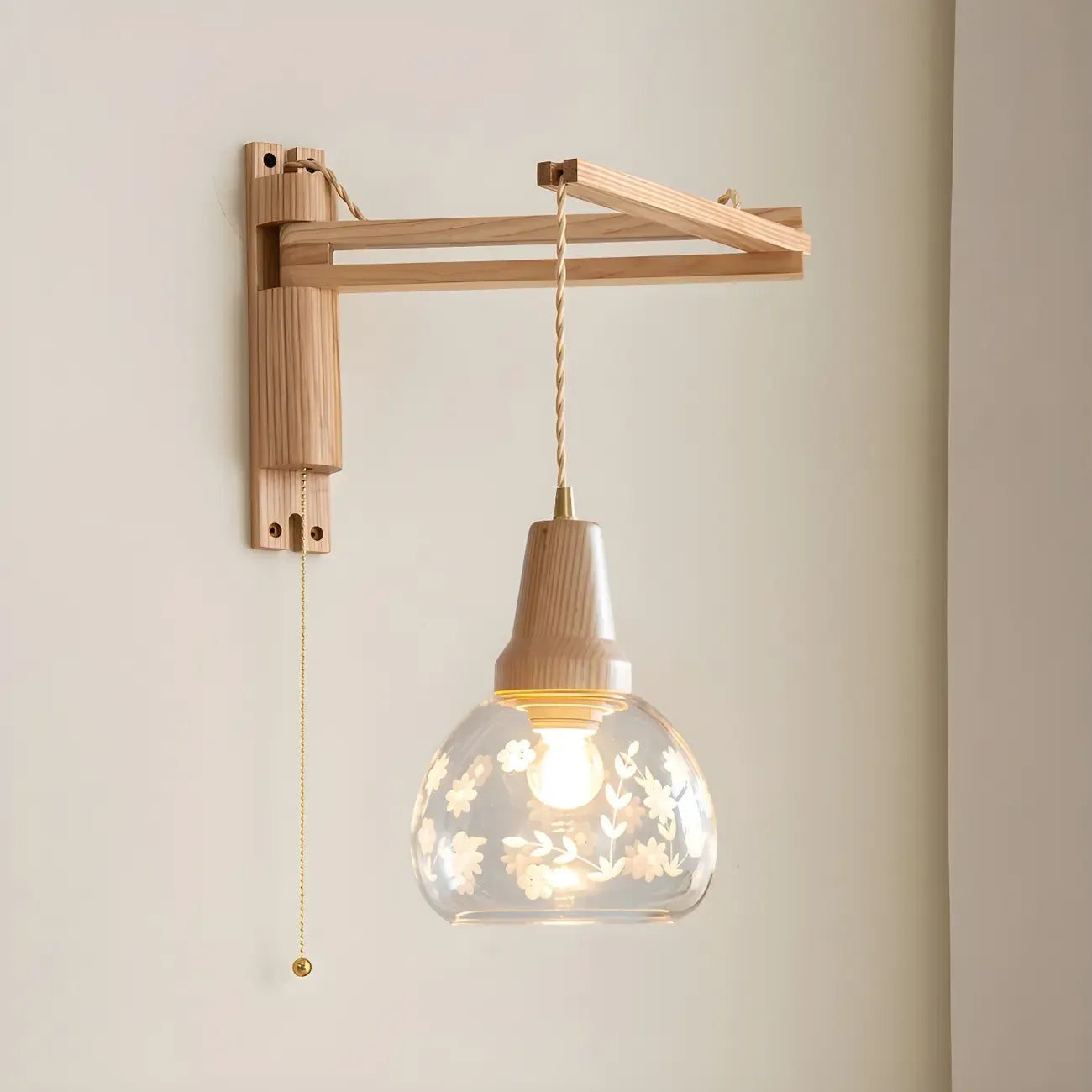 Rustic Wood Clear Glass Swing Arm Wall Light