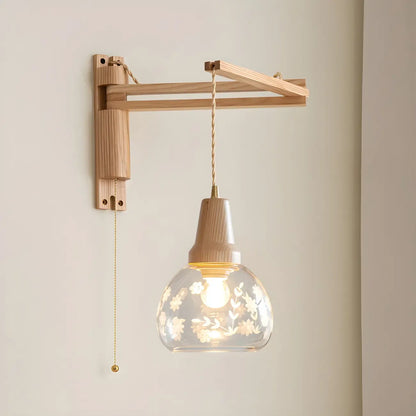Rustic Wood Clear Glass Swing Arm Wall Light