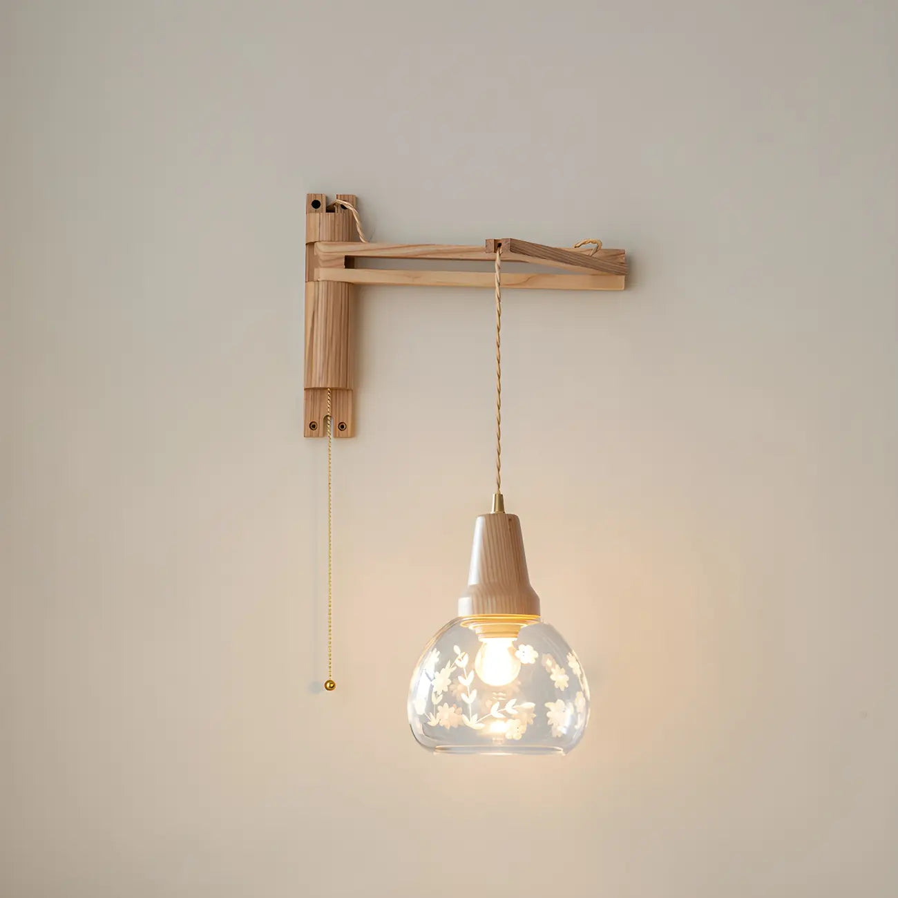 Rustic Wood Clear Glass Swing Arm Wall Light