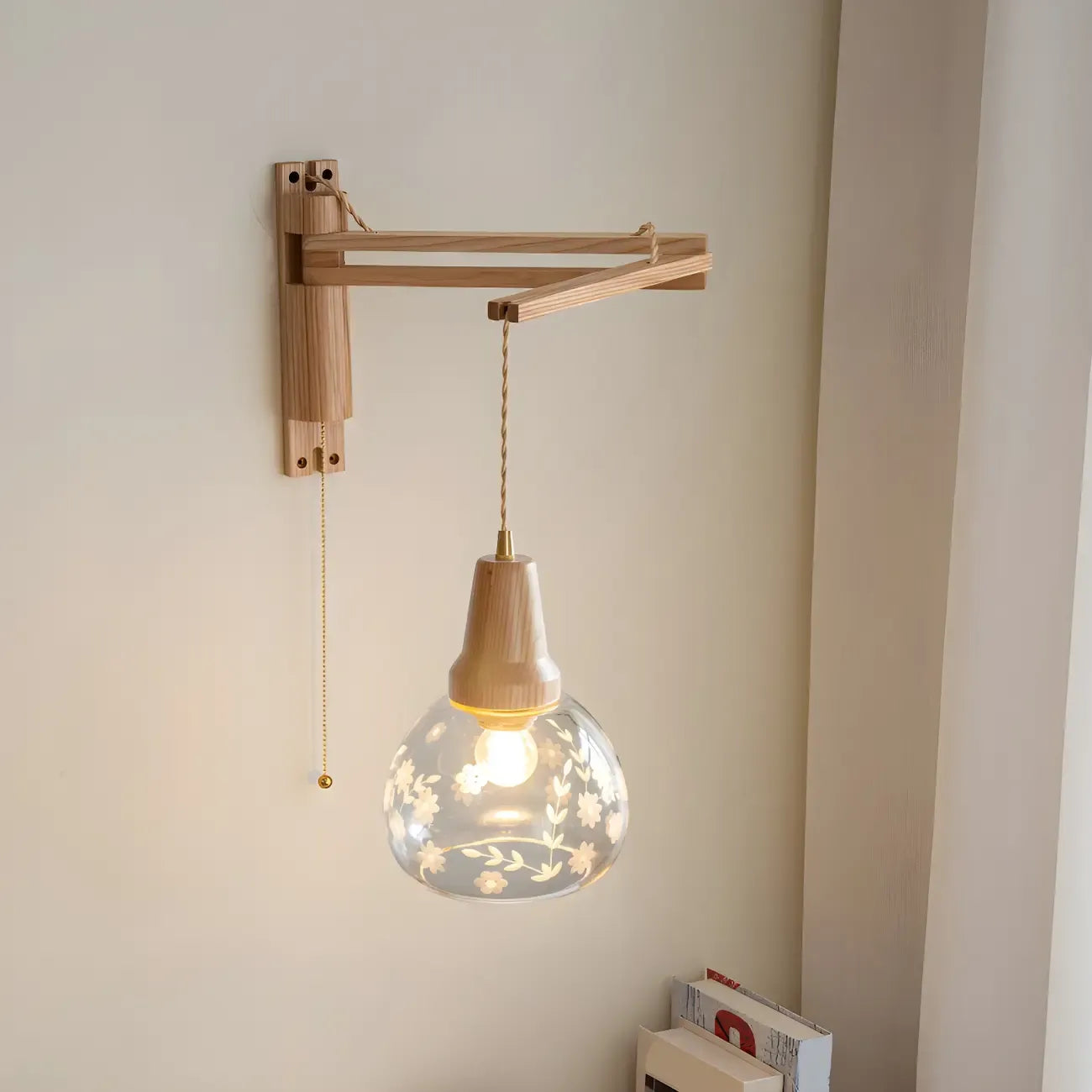 Rustic Wood Clear Glass Swing Arm Wall Light