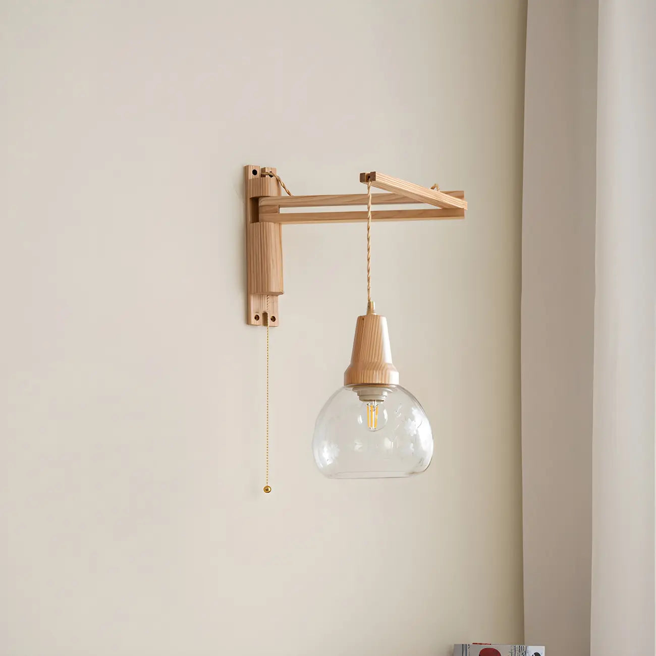 Rustic Wood Clear Glass Swing Arm Wall Light