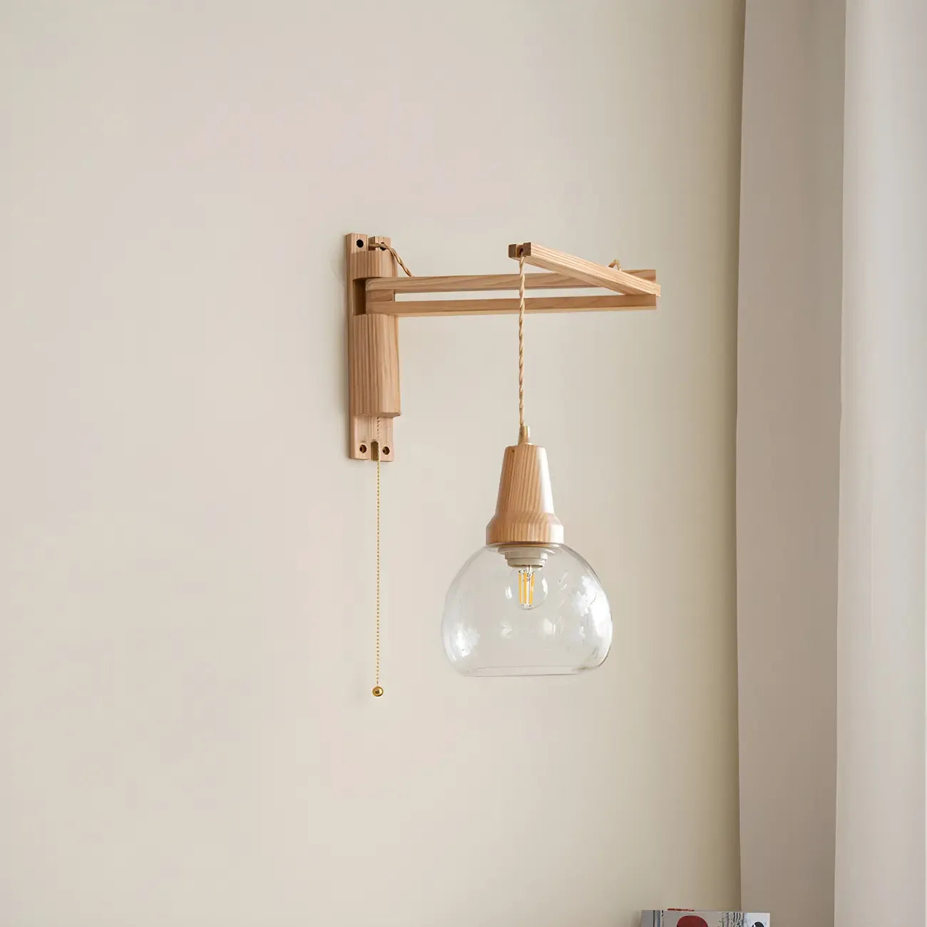 Rustic Wood Clear Glass Swing Arm Wall Light
