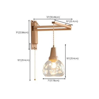 Rustic Wood Clear Glass Swing Arm Wall Light