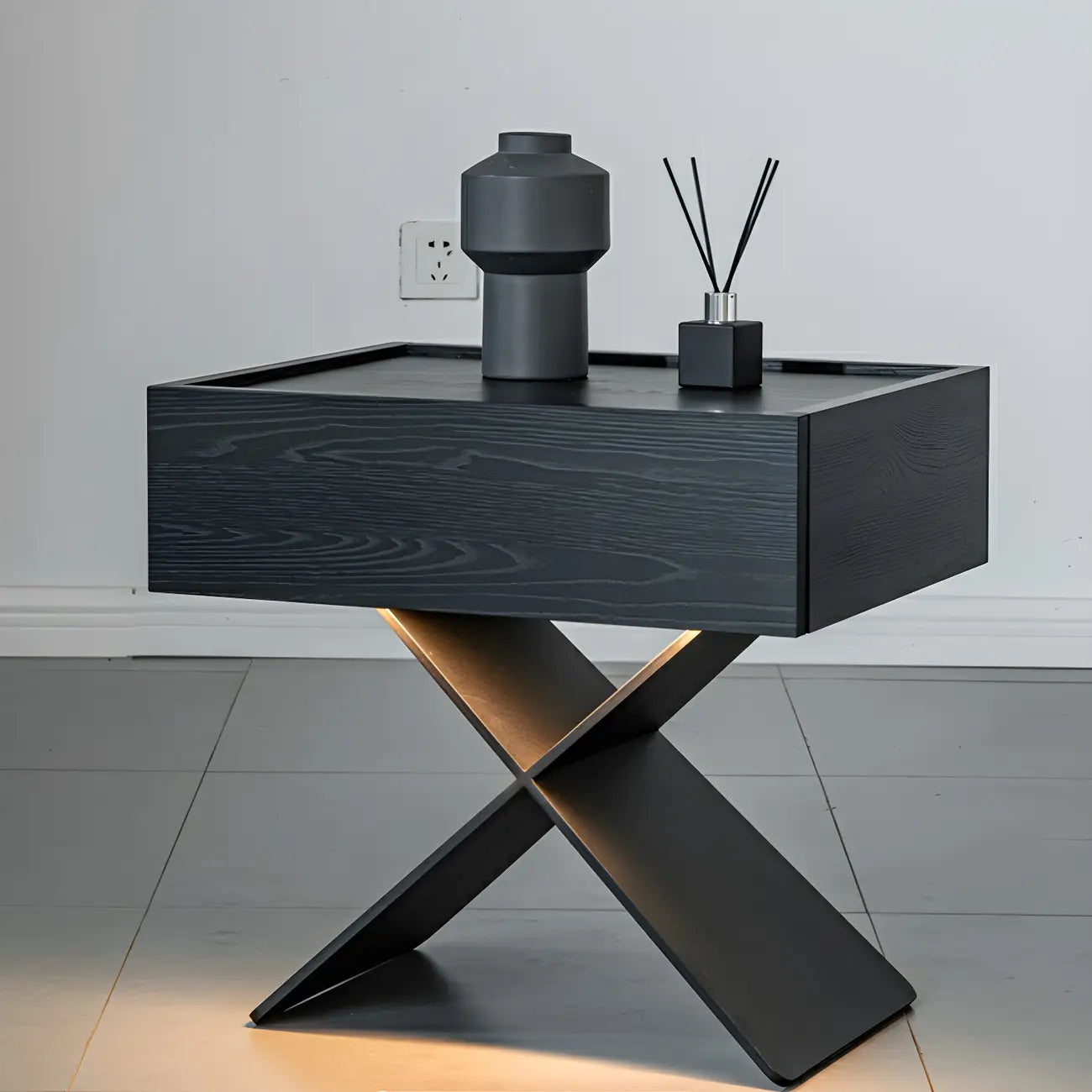 Black Wood X-Leg Drawer Storage Small Nightstand