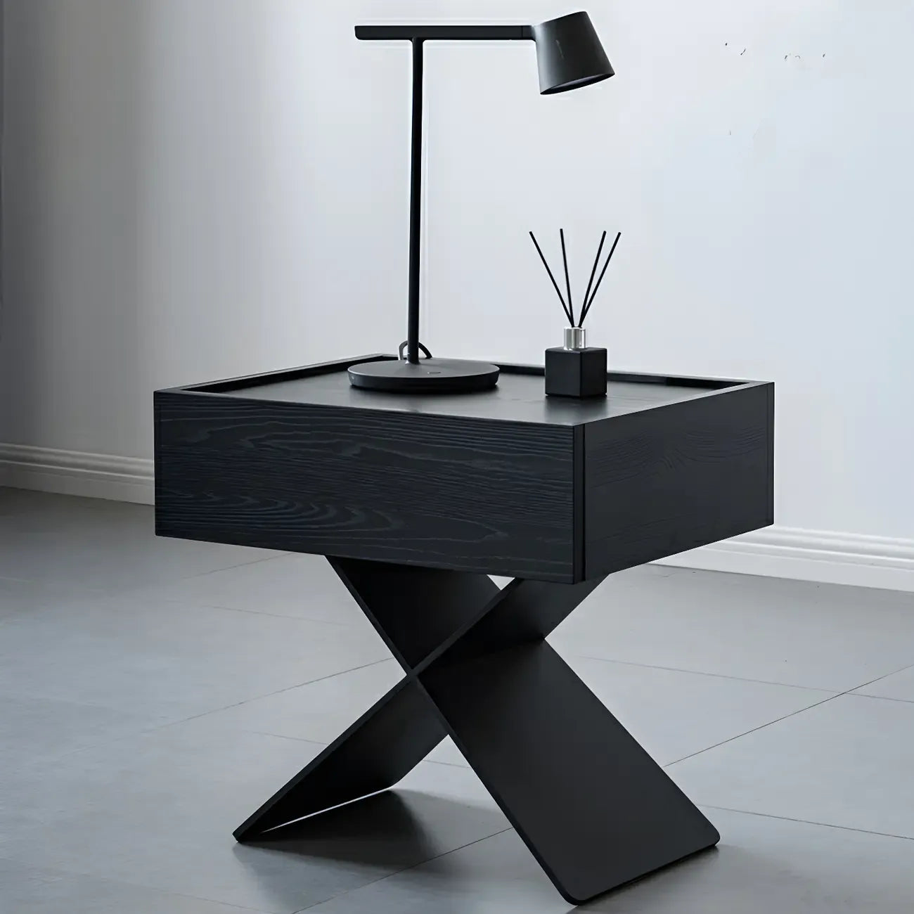 Black Wood X-Leg Drawer Storage Small Nightstand