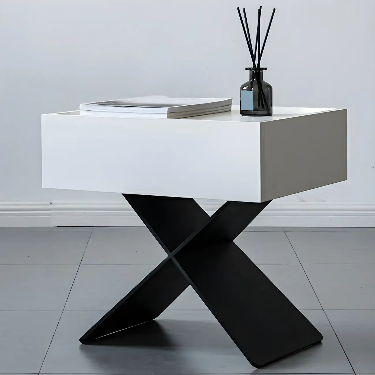 Black Wood X-Leg Drawer Storage Small Nightstand