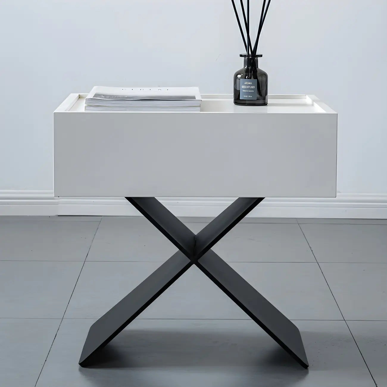 Black Wood X-Leg Drawer Storage Small Nightstand