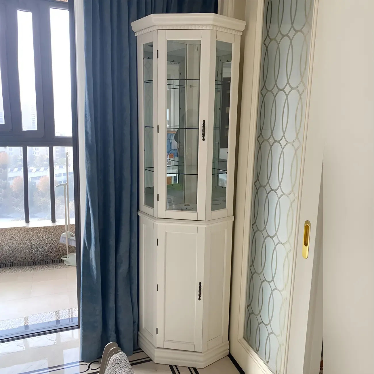 Classic White Wood Glass Display 5-Shelf Corner Cabinet