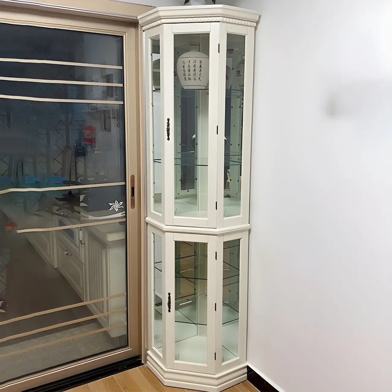 Classic White Wood Glass Display 5-Shelf Corner Cabinet