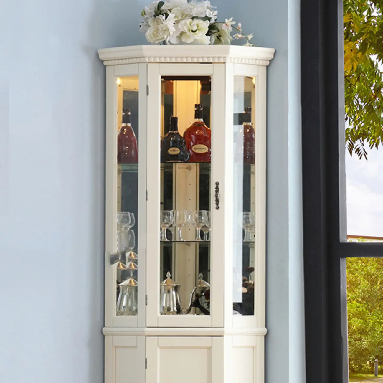 Classic White Wood Glass Display 5-Shelf Corner Cabinet