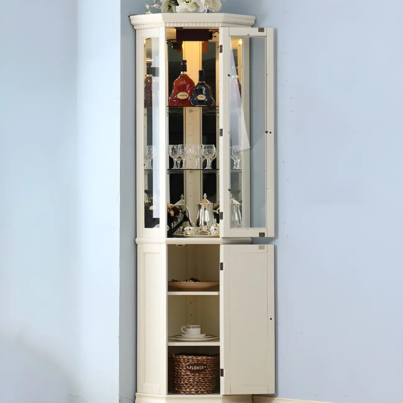 Classic White Wood Glass Display 5-Shelf Corner Cabinet