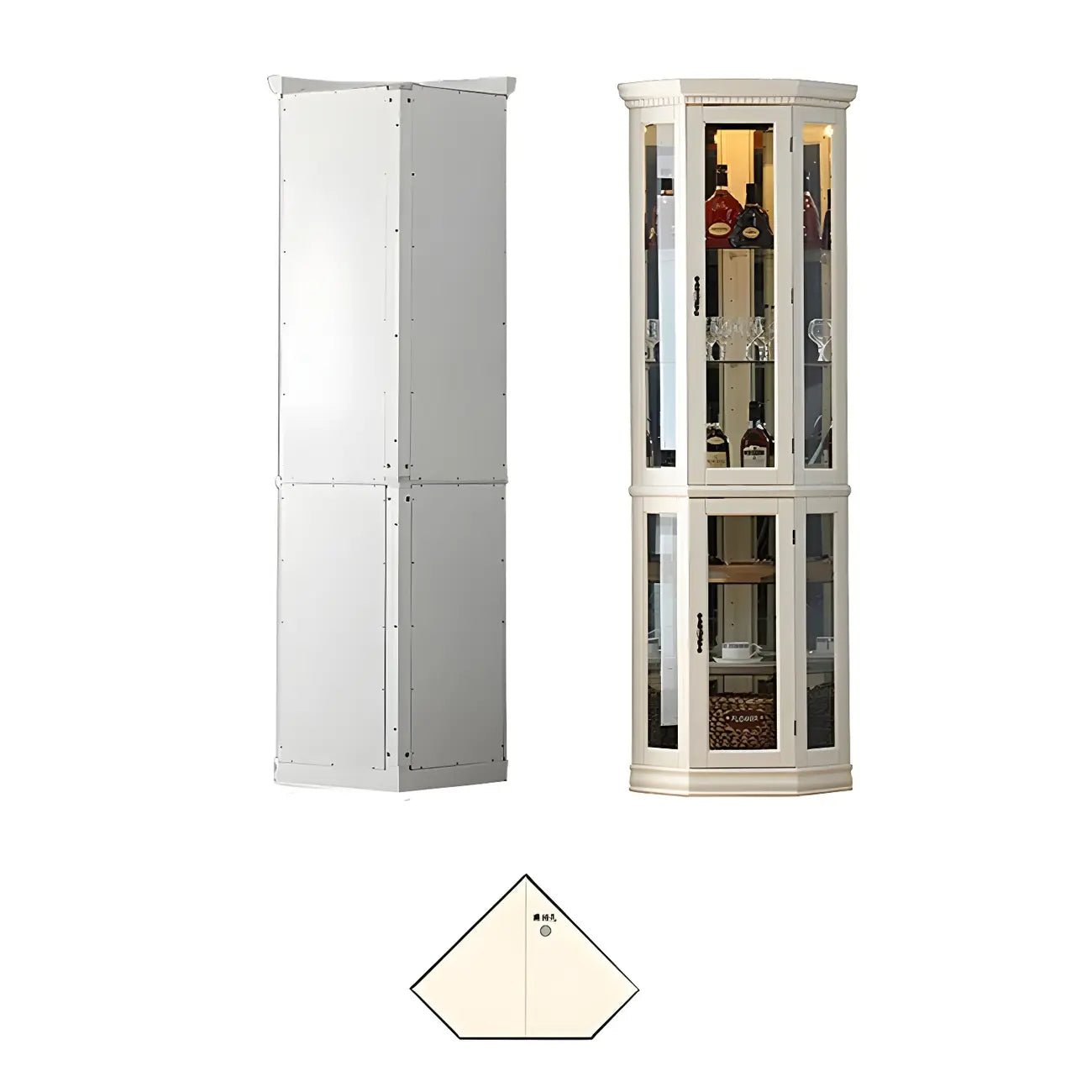 Classic White Wood Glass Display 5-Shelf Corner Cabinet