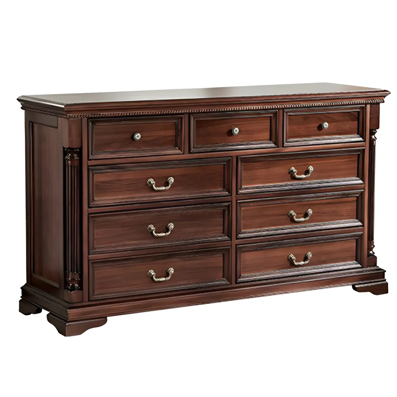 Vintage Brown Walnut Wooden Double Dresser with 9-Drawers