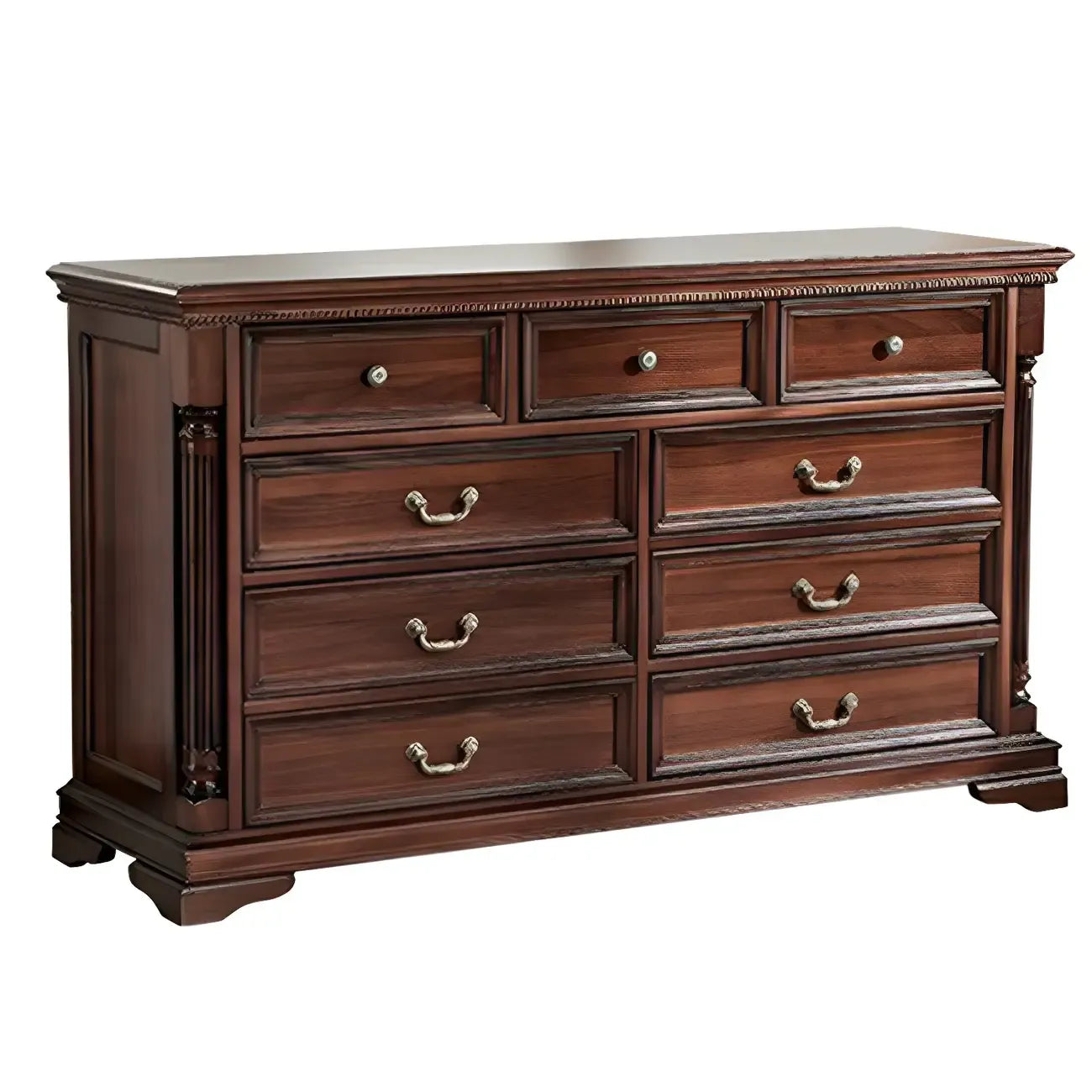 Vintage Brown Walnut Wooden Double Dresser with 9-Drawers