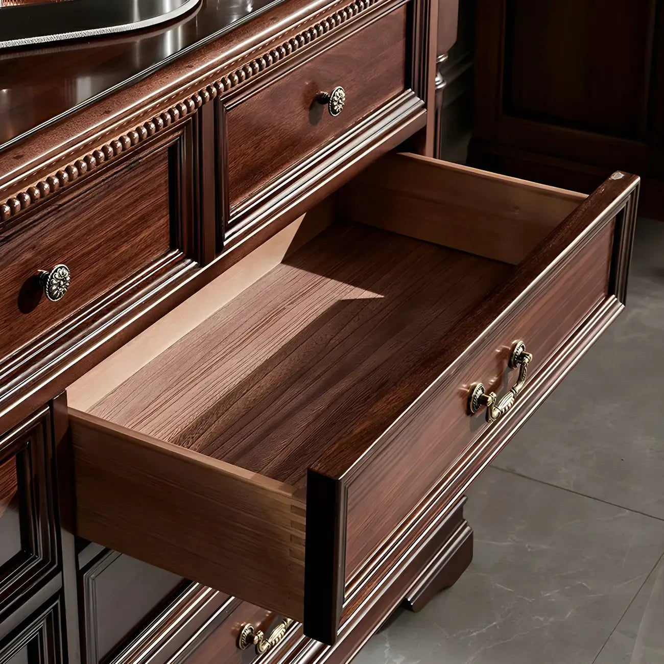 Vintage Brown Walnut Wooden Double Dresser with 9-Drawers