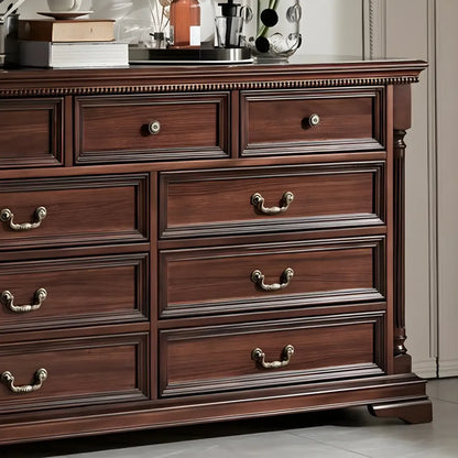 Vintage Brown Walnut Wooden Double Dresser with 9-Drawers