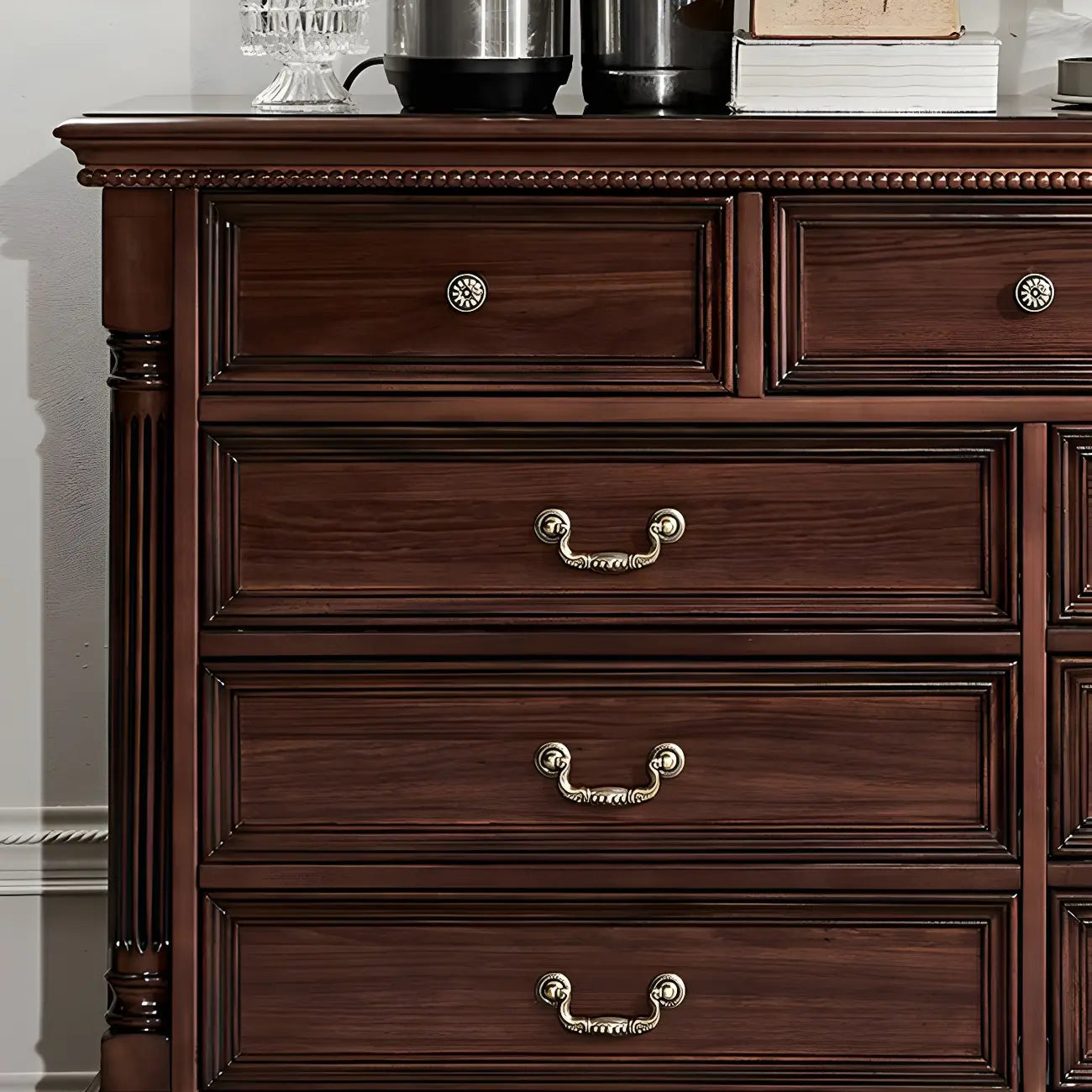 Vintage Brown Walnut Wooden Double Dresser with 9-Drawers