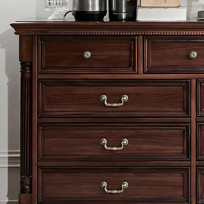 Vintage Brown Walnut Wooden Double Dresser with 9-Drawers