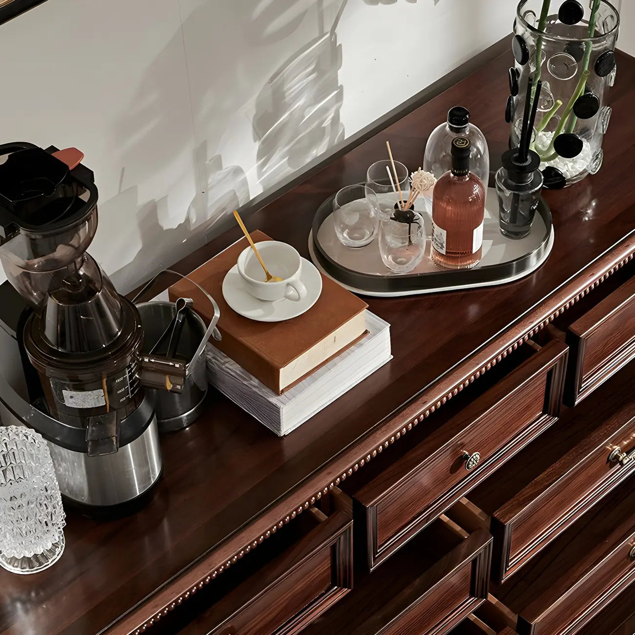 Vintage Brown Walnut Wooden Double Dresser with 9-Drawers