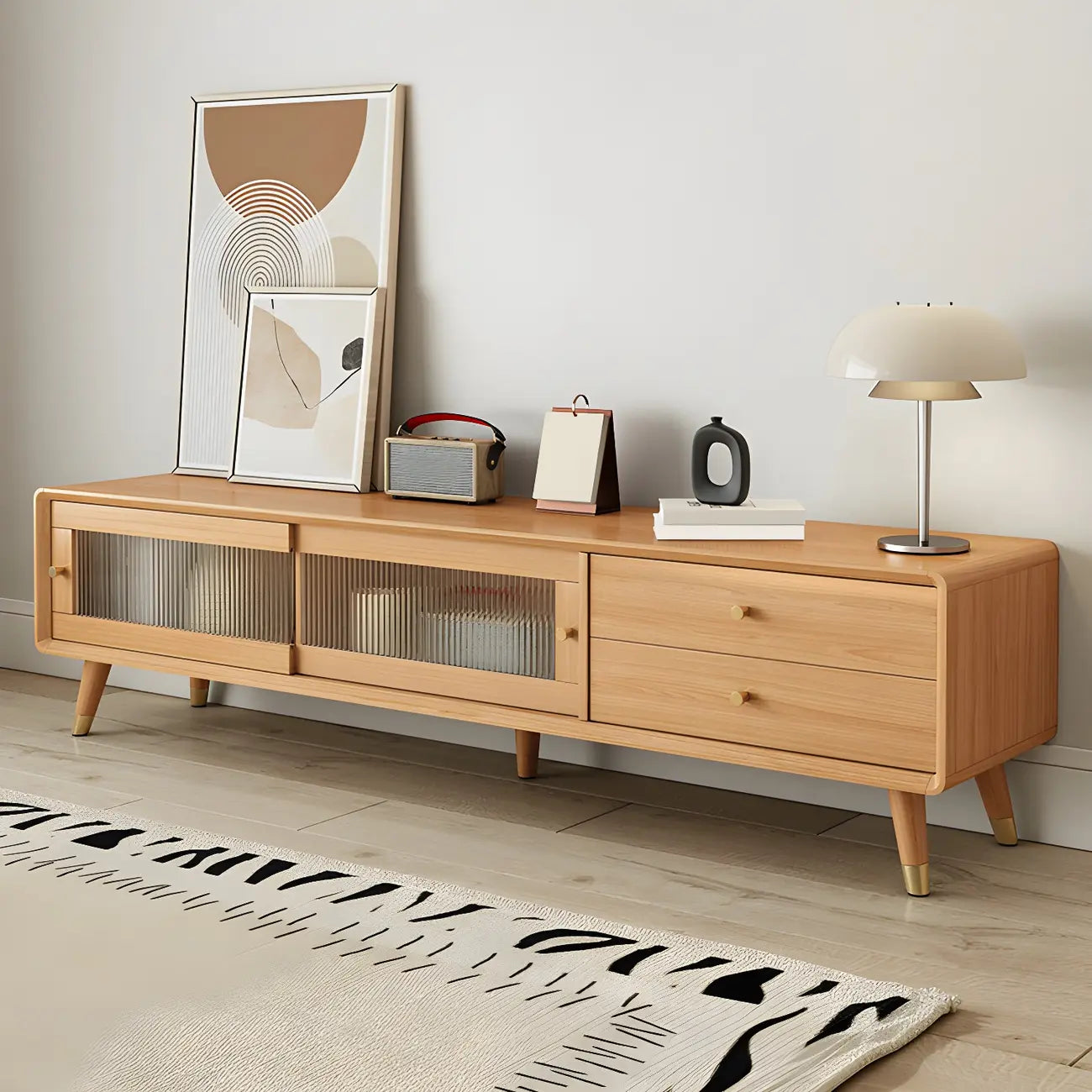 87 Nordic Natural Wood Storage TV Stand with Sliding Doors