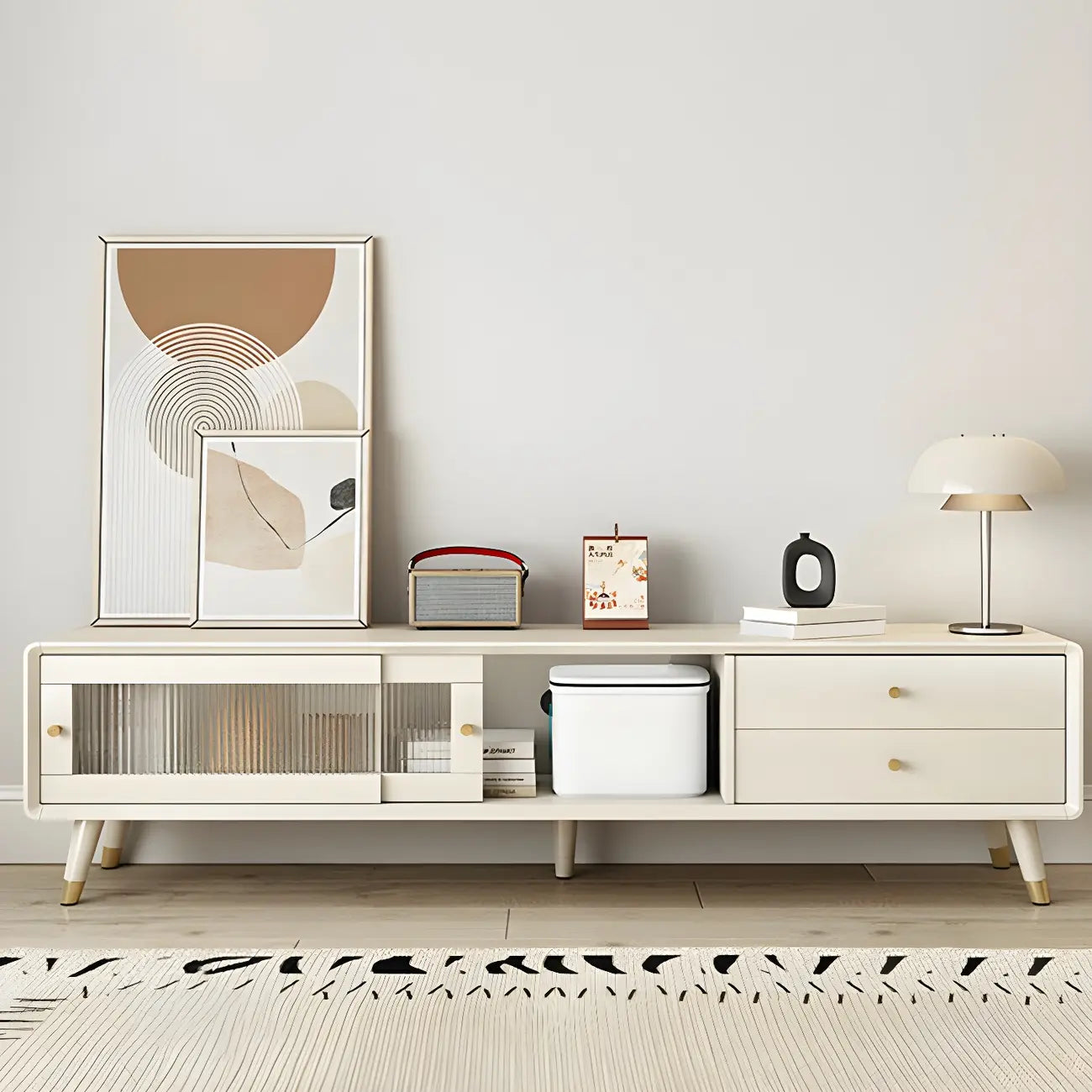 87 Nordic Natural Wood Storage TV Stand with Sliding Doors