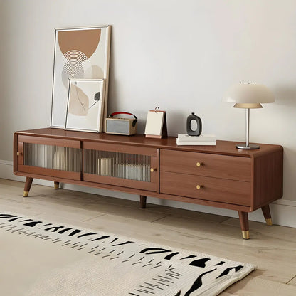 87 Nordic Natural Wood Storage TV Stand with Sliding Doors