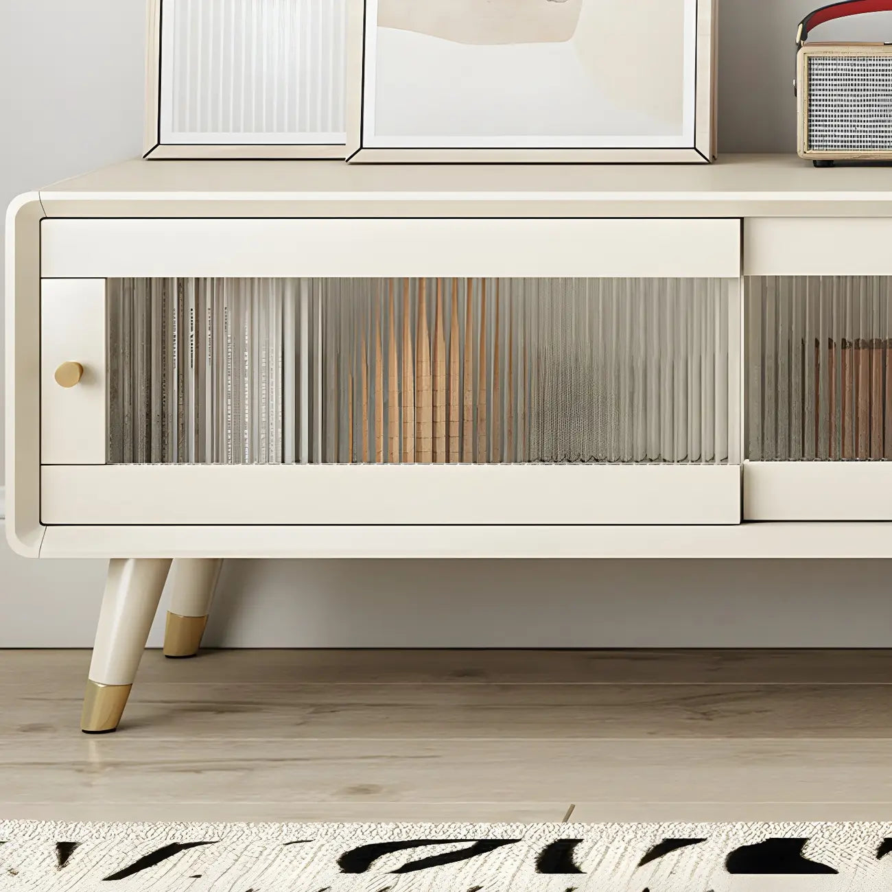 87 Nordic Natural Wood Storage TV Stand with Sliding Doors