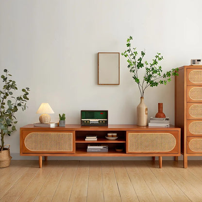 79 Natural Wood Open Storage TV Stand with Rattan Doors