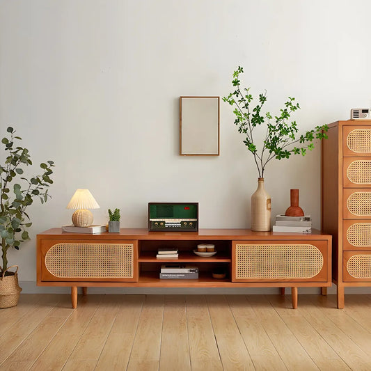 79 Natural Wood Open Storage TV Stand with Rattan Doors