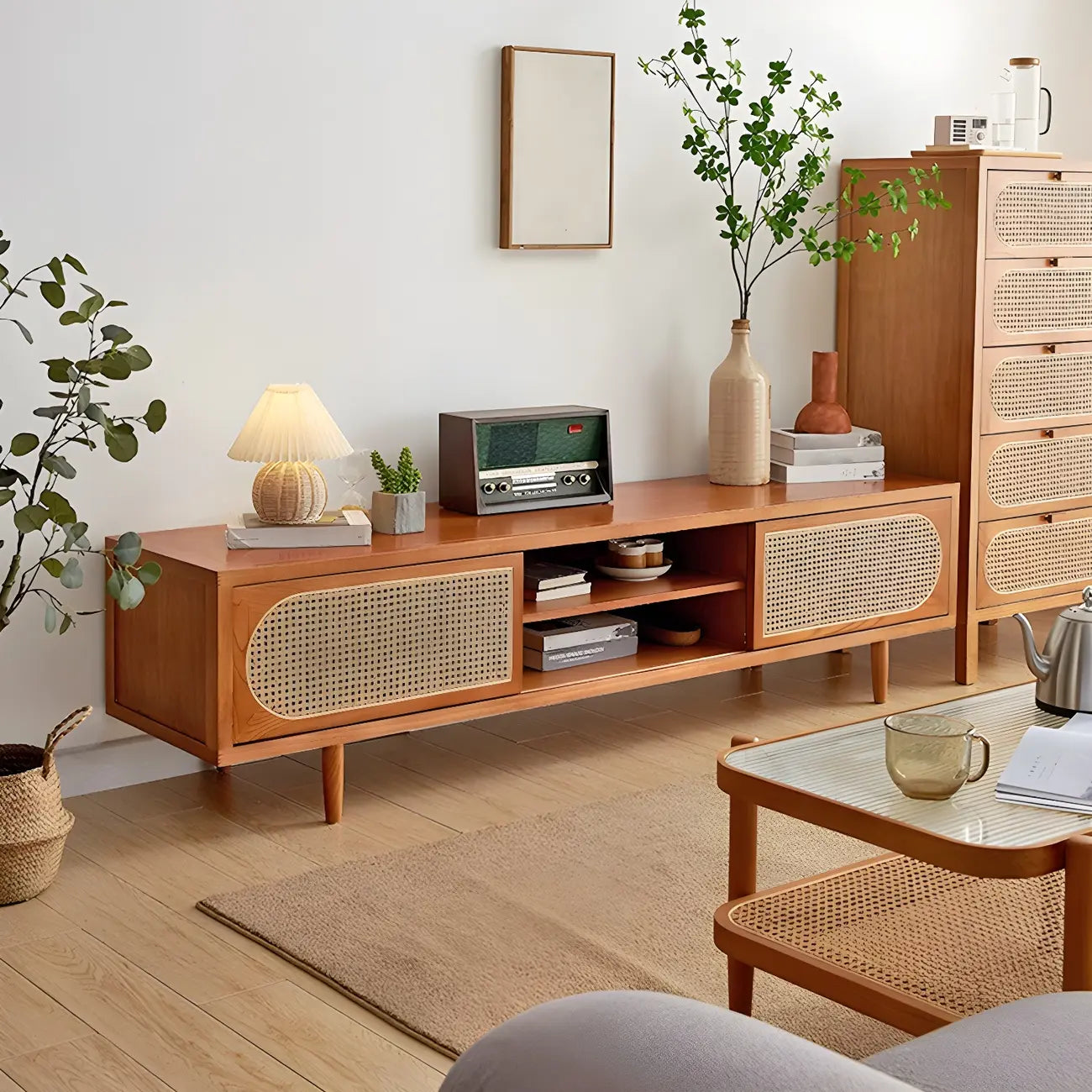 79 Natural Wood Open Storage TV Stand with Rattan Doors