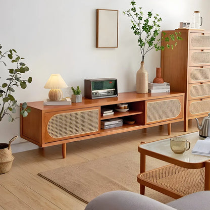 79 Natural Wood Open Storage TV Stand with Rattan Doors