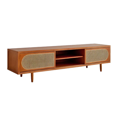 79 Natural Wood Open Storage TV Stand with Rattan Doors