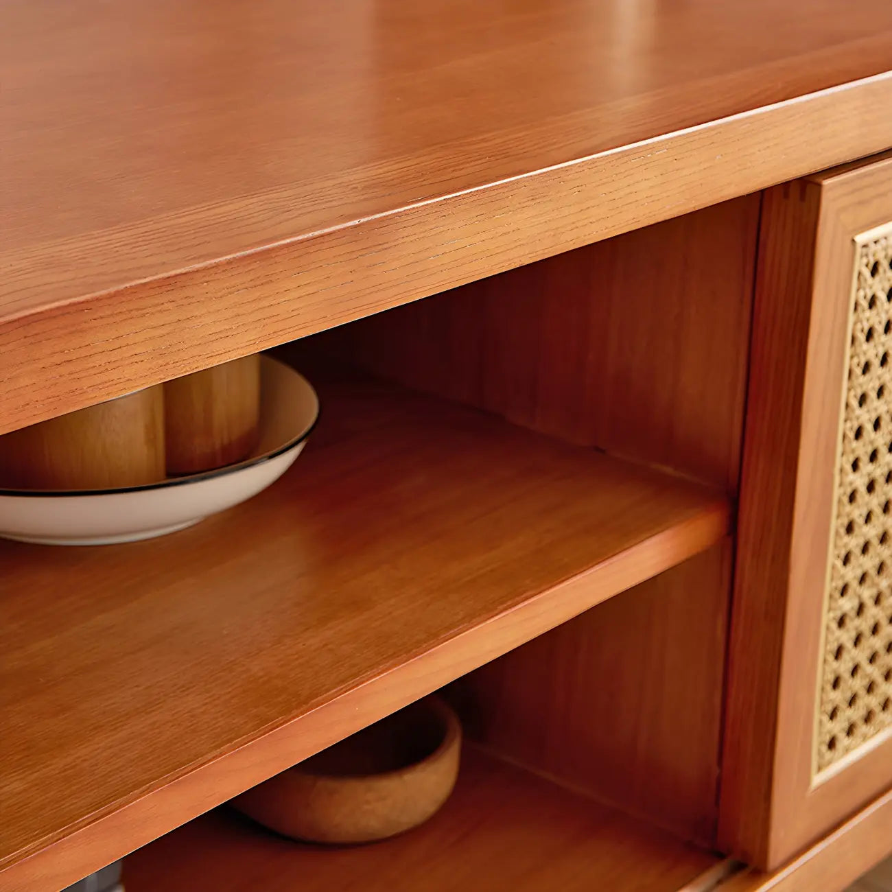 79 Natural Wood Open Storage TV Stand with Rattan Doors