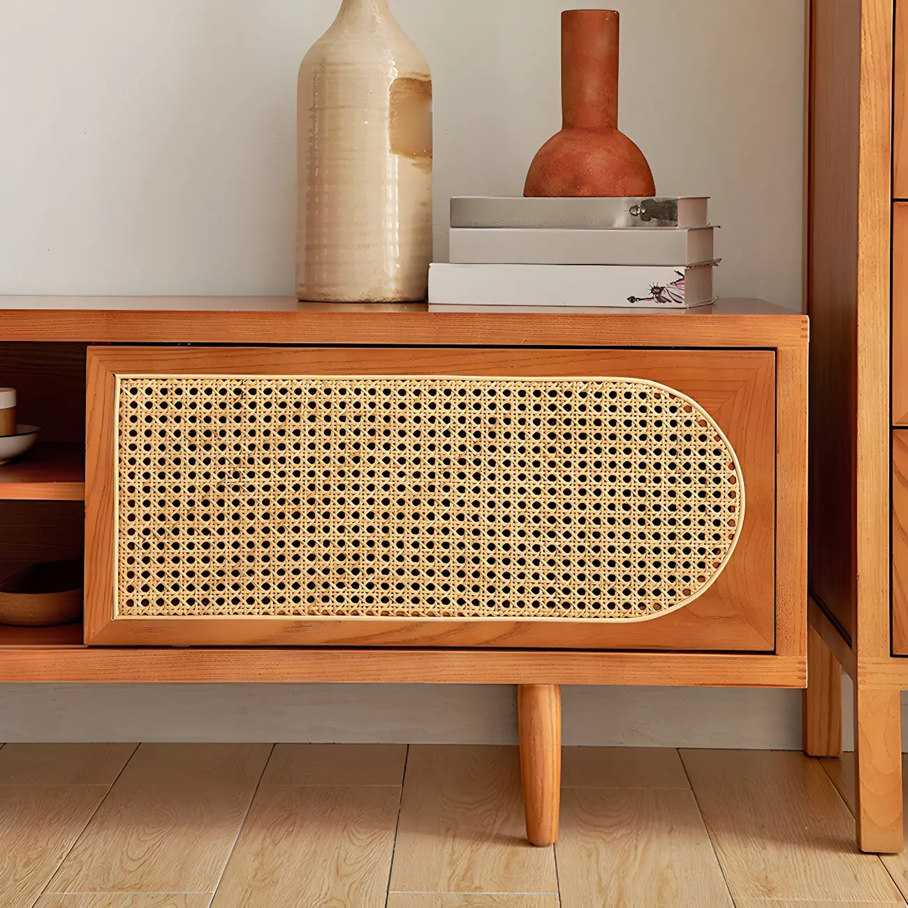 79 Natural Wood Open Storage TV Stand with Rattan Doors