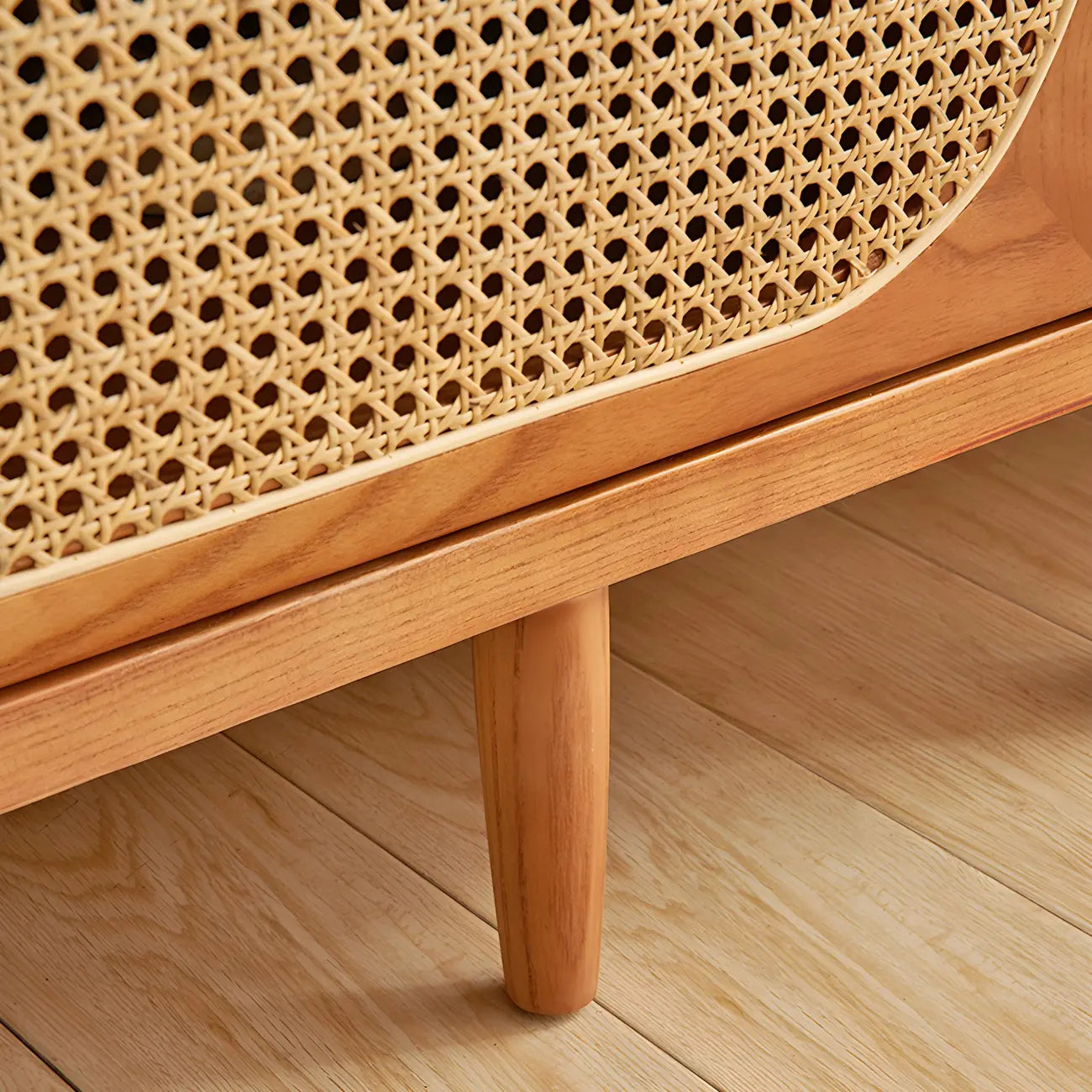 79 Natural Wood Open Storage TV Stand with Rattan Doors