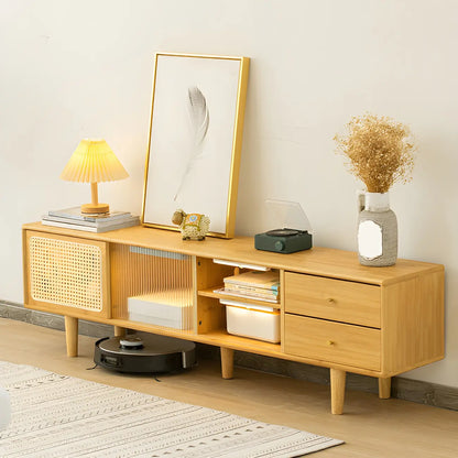 Natural Finish Wood Sliding Doors TV Stand with Storage
