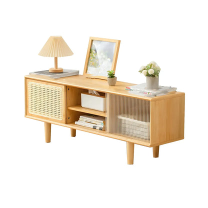 Natural Finish Wood Sliding Doors TV Stand with Storage