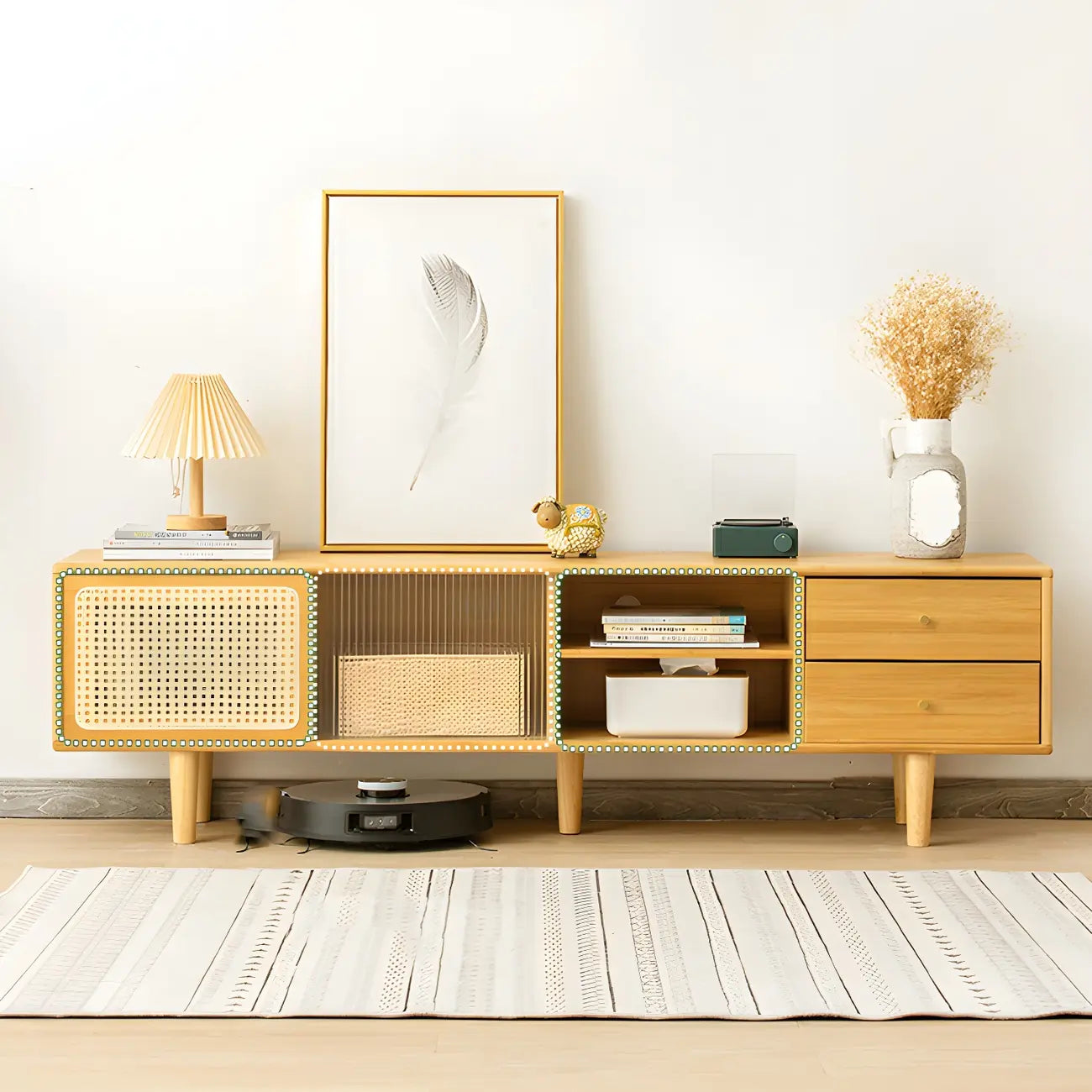 Natural Finish Wood Sliding Doors TV Stand with Storage