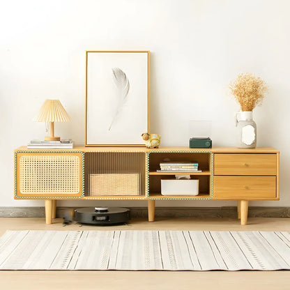 Natural Finish Wood Sliding Doors TV Stand with Storage