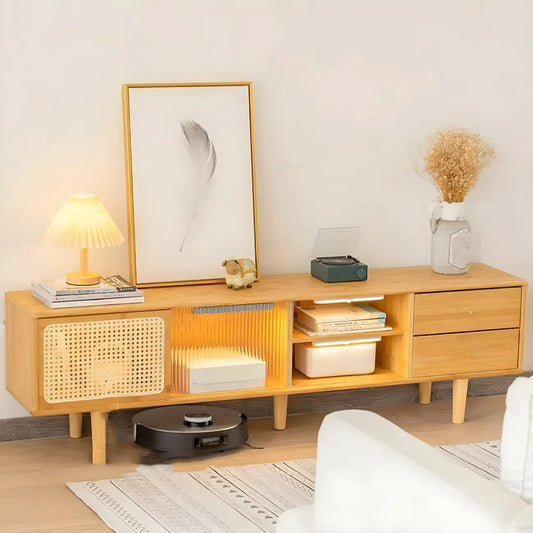 Natural Finish Wood Sliding Doors TV Stand with Storage