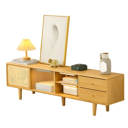 Natural Finish Wood Sliding Doors TV Stand with Storage
