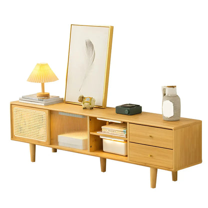 Natural Finish Wood Sliding Doors TV Stand with Storage