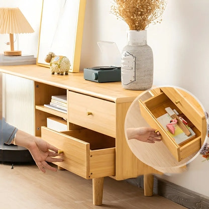 Natural Finish Wood Sliding Doors TV Stand with Storage