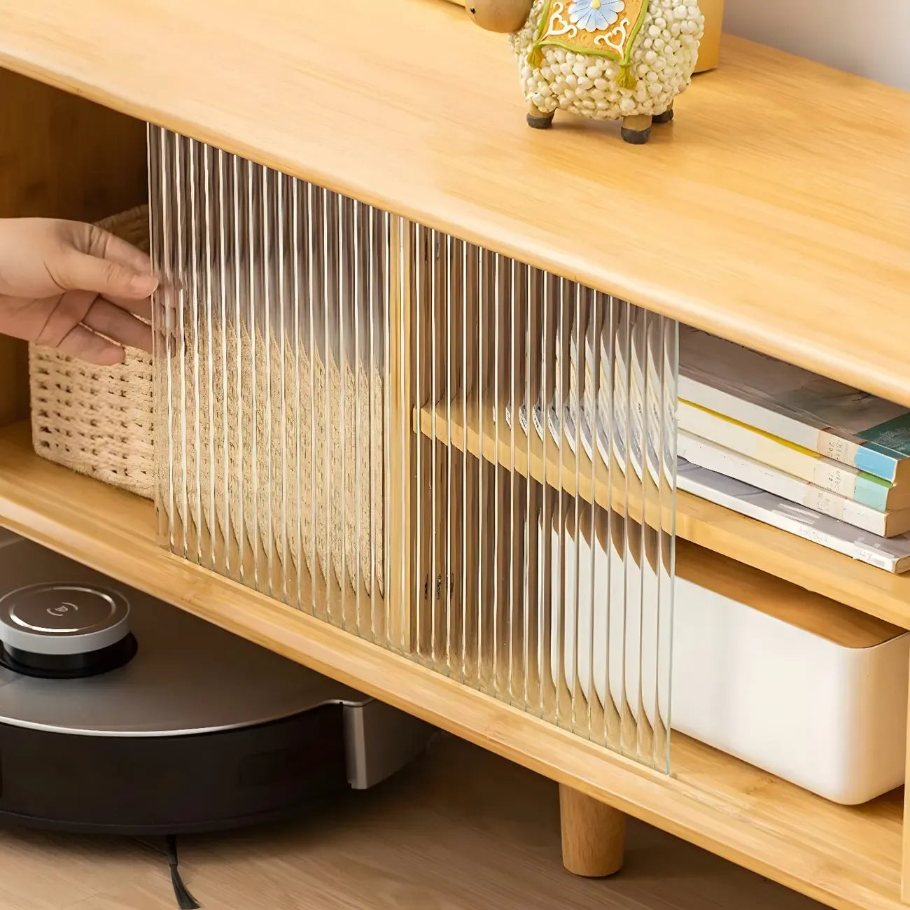 Natural Finish Wood Sliding Doors TV Stand with Storage