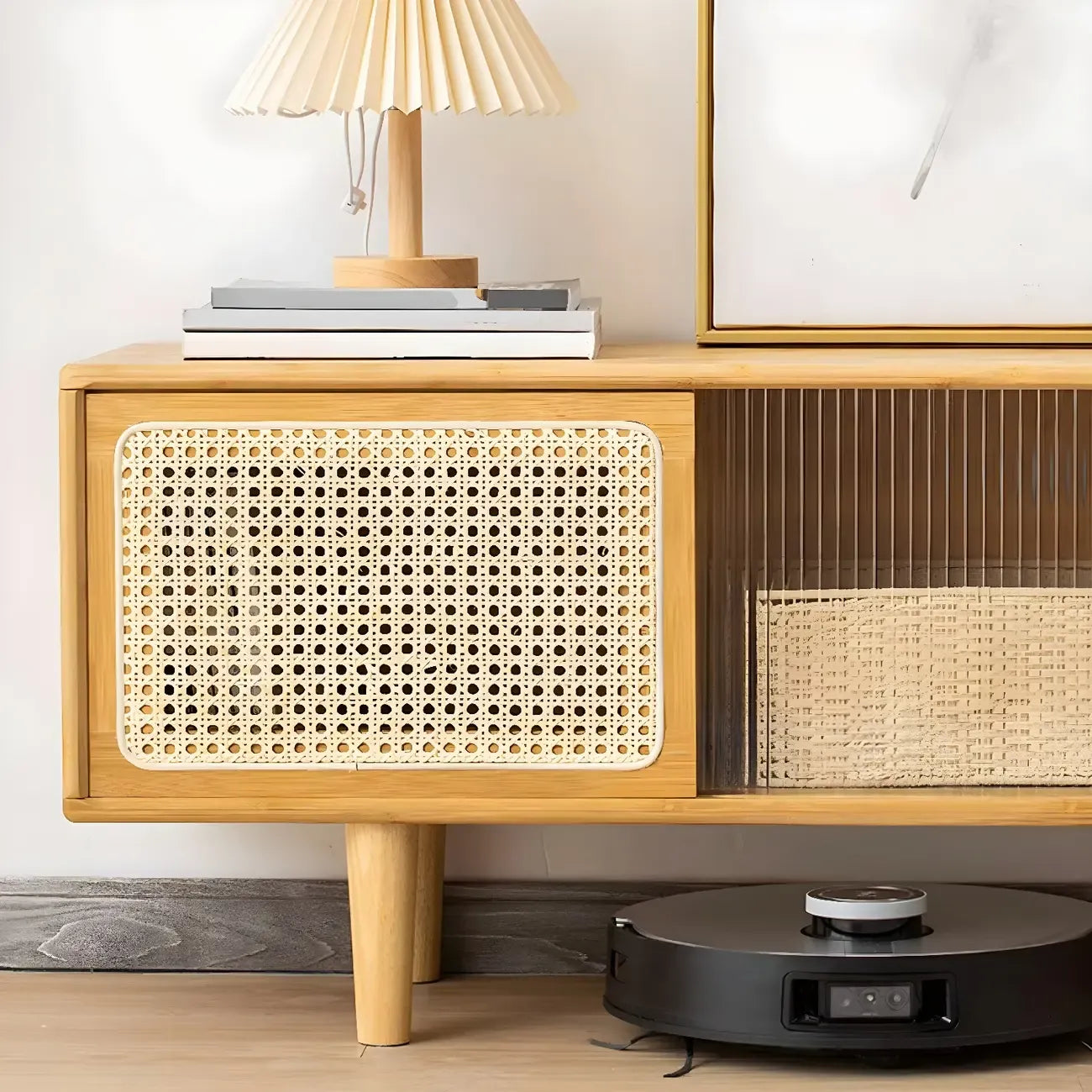 Natural Finish Wood Sliding Doors TV Stand with Storage