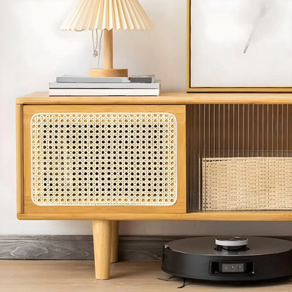 Natural Finish Wood Sliding Doors TV Stand with Storage