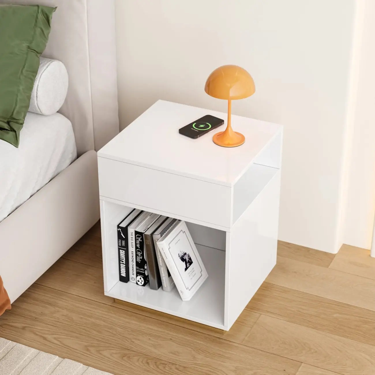 Compact White Wooden Cube Side Table with Open Shelf
